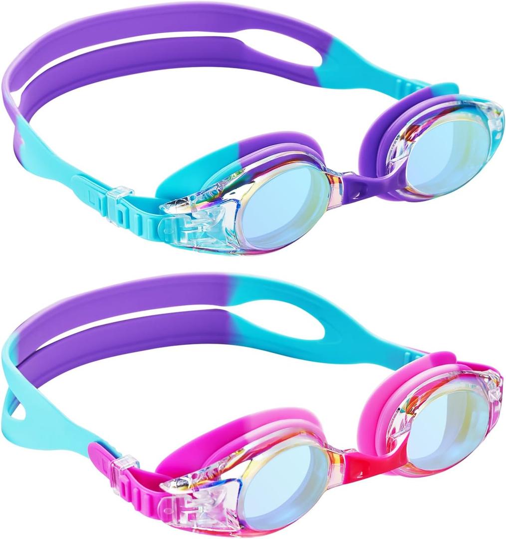 Aegend 2 Pack Kids Goggles, Swimming Goggles for Kids Age 4-16 Boys and Girls Youth, Anti-Fog Waterproof Anti-UV Pool Goggles (Pink Purple & Blue Purple)