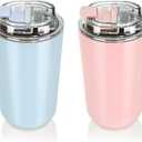 Puraville 2 Pack Insulated Tumblers with Lid, 14 oz Travel Coffee Mug Stainless Steel Vacuum Cup, Leak Proof Double Walled Coffee Tumbler for Iced and Hot Drinks,Pink and Light Blue