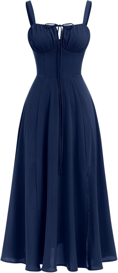 Women Floral Corset Dress Sleeveless Square Neck Spaghetti Straps Dress Boho Holiday Flowy Midi Bustier Sundress (X-Large, Navy Blue)