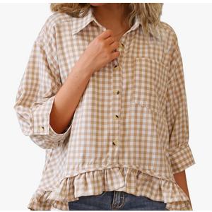 CHYRII Womens Summer Tops Dressy Casual Blouse Top Ruffled Short Sleeve Button Down Striped Shirt Khaki M