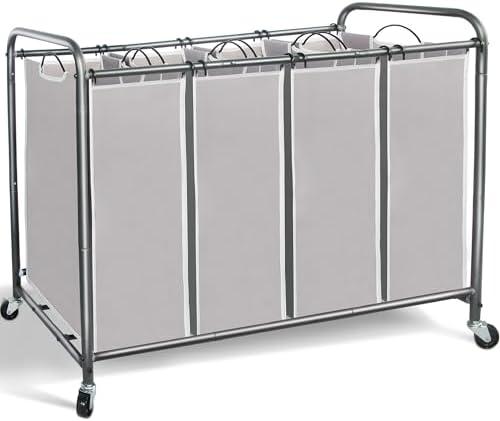 STORAGE MANIAC Laundry Sorter 4 Section, 47.8 Gal (181 L) Laundry Hamper with Wheels, Clothes Divider Basket Sorter, Clothes Separator Hamper Cart with Wheels and Removable Bags, Gray