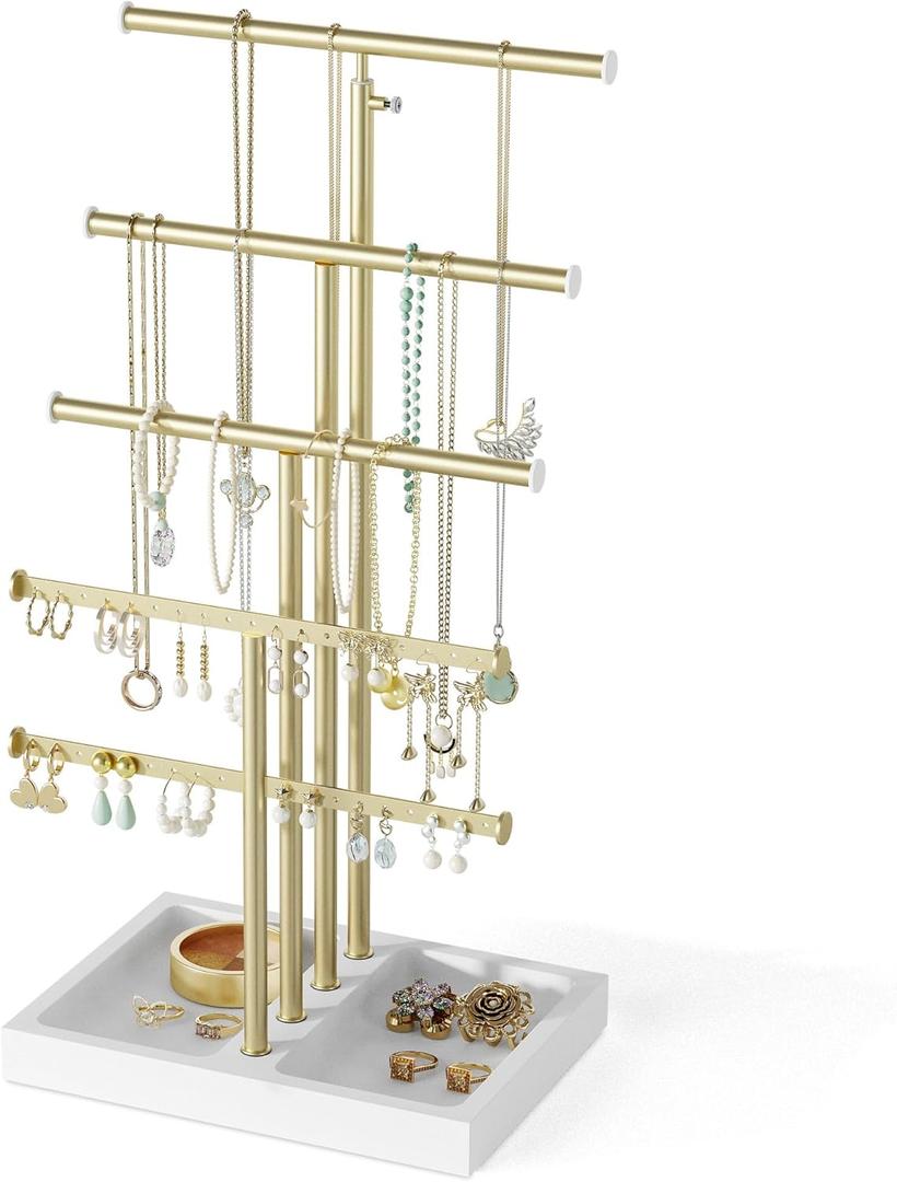 Love-KANKEI Jewelry Organizer Stand,5 Tier Large Necklace Holder with Wood Base,Jewelry holder stand Tree for Display,Bracelets Earrings Rings,Height Adjustable Gift White and Gold