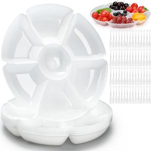 Zhehao 6 Pcs Plastic Divided Serving Trays with 60 Pcs Disposable Fork, 7 Compartments Round Chip Dip Plate, Petal Shape Platter, 10.6'' Snacks Serving Dish for Party Candy Nuts Fruits (White)
