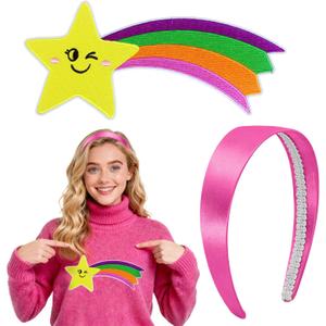 3 x Large Rainbow Shooting Star Patch & Pink Satin Headband - Iron-On Patch, Halloween Costume Accessories Set for Fun Cartoon Cosplay