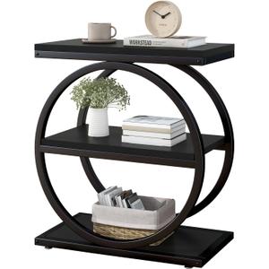 IBUYKE Narrow End Table with 3 Storage Shelves, Industrial Sofa Side Table, Double Round Metal Frames, Slim Nightstand and Bedside Table for Bedroom, Living Room, Black UTMJ418B