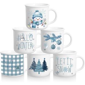 Pickmesh Christmas Coffee Mugs Set of 6-12 Oz Holiday Hot Cocoa Cups, Winter Ceramic Tea Cups for Family Gift, Festive Xmas Drinkware for Hot Chocolate & Coffee Lovers