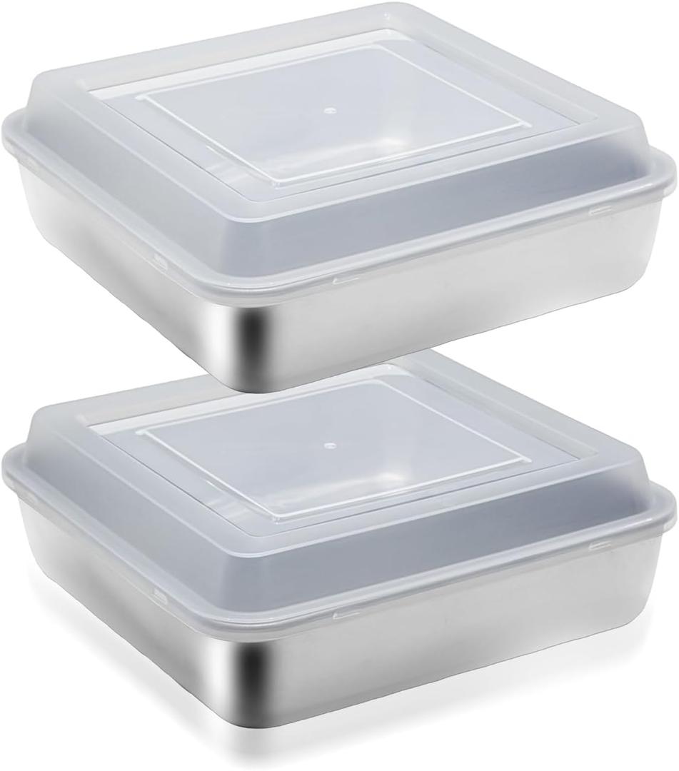 10x10 Stainless Steel Cake Pan with Lid Lasagna Baking Pans Sets Square Stainless Steel Bakeware with Cover for Cakes, Brownies, Cookies Oven Dishwasher Safe(2 Pans + 2 Lids)