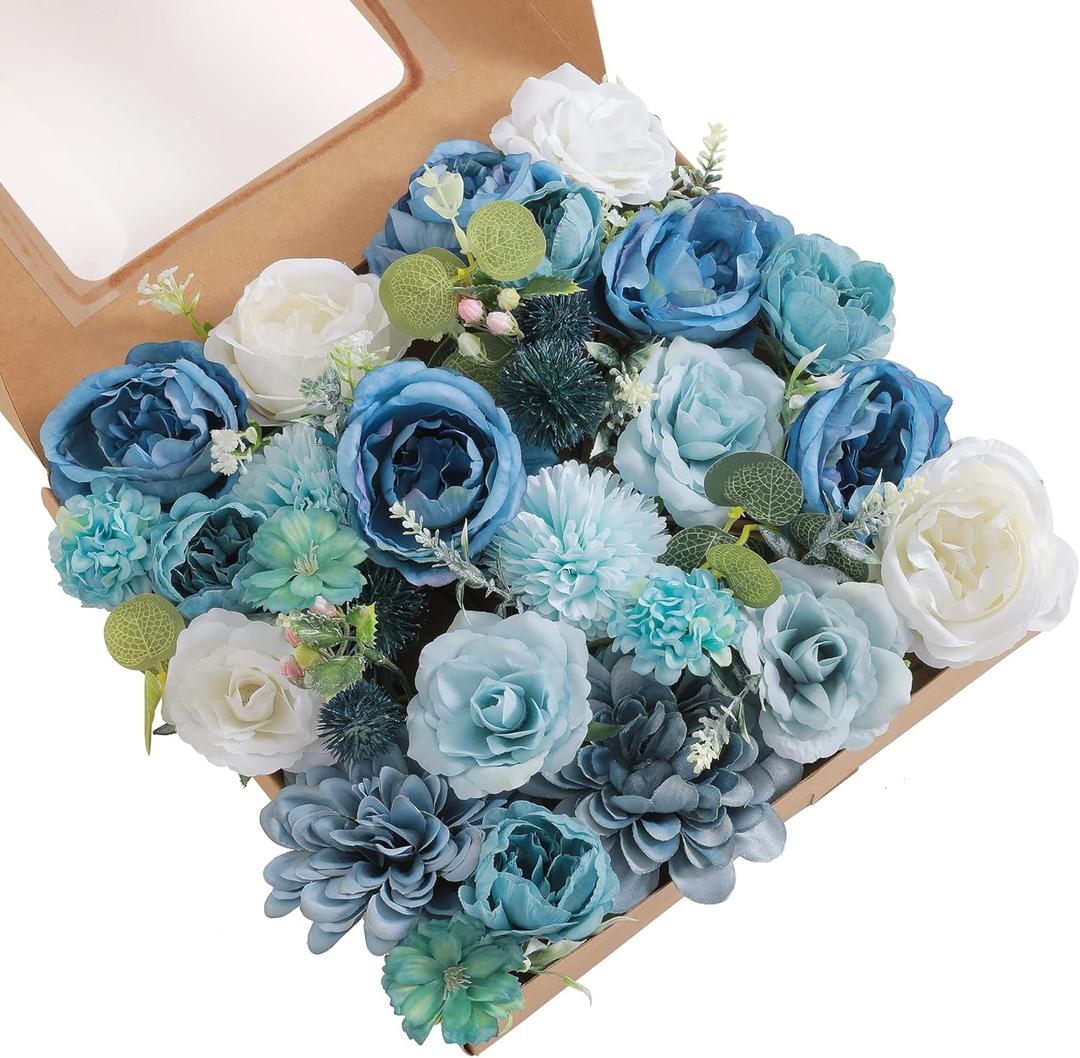 Artificial Flowers Combo, Fake Flowers for DIY Tables Centerpieces Baby Shower Bridal Shower Wedding Bouquet Arrangements Party Candle Holder Cake Decor Flower Home Decorations (Blue White)