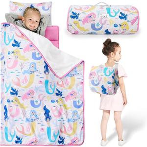 Toddler Nap Mat with Pillow and Blanket, Soft Sleeping Bag for Kids Boys and Girls, Slumber Bags Kids for Preschool, Daycare, Travel, Camping, 54" x 33" Great for Ages 3 Plus (Pink)