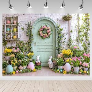 Mocsicka Spring Easter Backdrop 7x5ft - Green Wooden Wall Floral Photography Background Decorations, Easter Day Bunny Party Photo Props Supplies