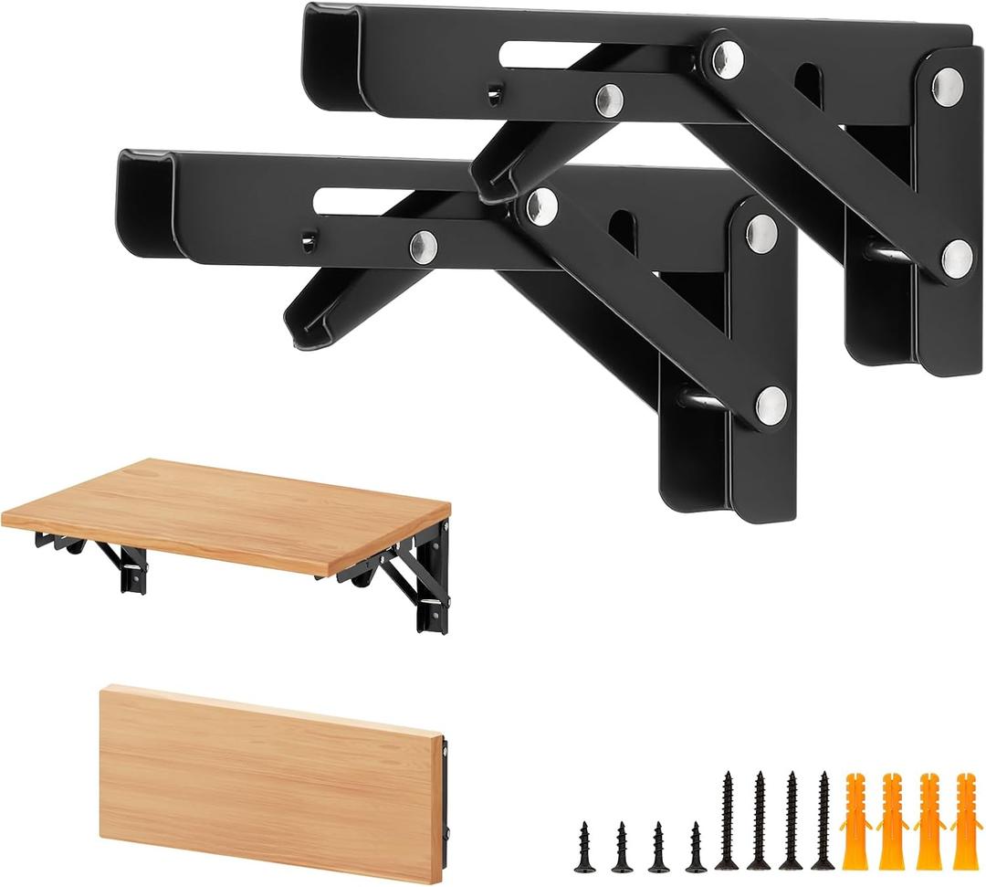 6 Inch Folding Shelf Brackets, 4 Pack (2 Pairs) Heavy Duty Metal Collapsible Wall-Mounted Brackets, Space-Saving DIY Foldable Shelf for Benches and Tables, Matte Black