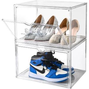 Clear Shoe Organizer,Stackable Shoe Display Case,Shoe Box Storage Bins with Magnetic Door,Fit Shoe Size Up to US 14 (X-Large-2Pack)