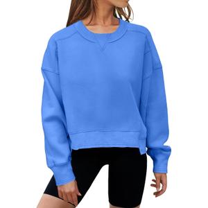 MEROKEETY Women's Oversized Cropped Sweatshirts Crewneck Fleece Workout Pullover Sweater Fall Outfits (M, Blue)