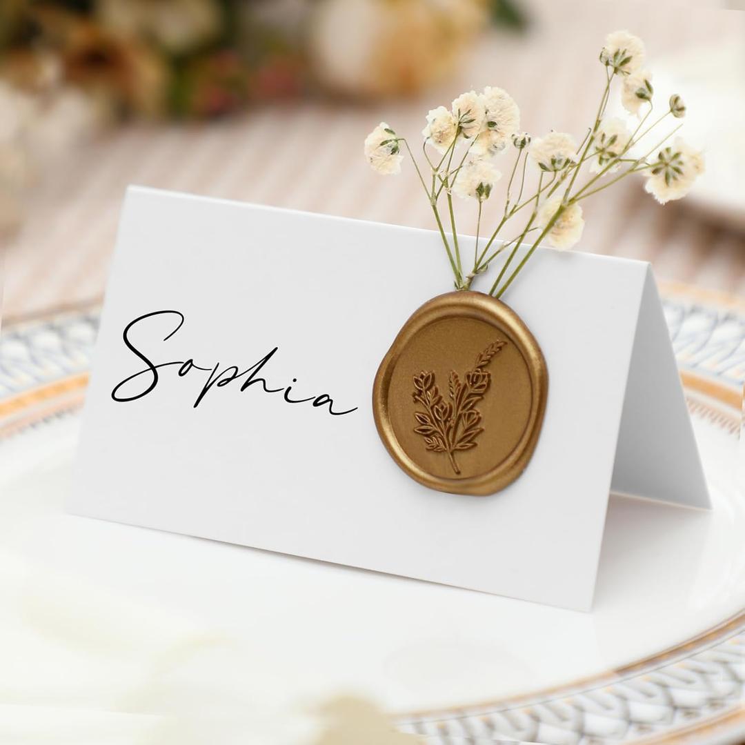 Marspark 50 Pack Wedding Place Cards with Wax Seal and Dried Flowers Table Setting Place Name Card for Wedding Name Card Holiday Birthday Dinner Parties Decorations (Antique Gold)