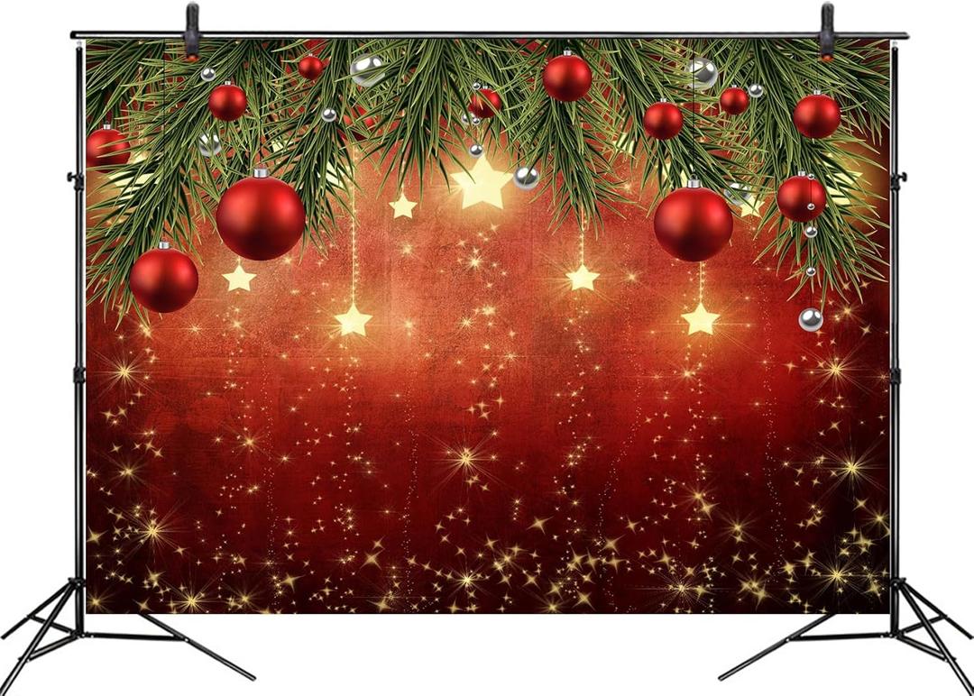 HVEST 10X10ft Merry Christmas Backdrop, Red and Silver Xmas Balls and Gold Stars Photography, Winter Holiday Photo Banner Curtains, Happy Birthday Party