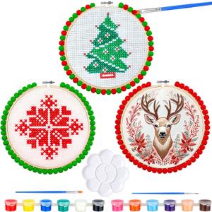 AceOrbit 3 Pcs DIY Christmas Paint Craft Kit Beaded Embroidery Hoop Frame with DIY Paint 8 Inch Boho Wooden Beaded Round Hoop Frame Christmas Crafts for Adults Ideal Painting Decoration