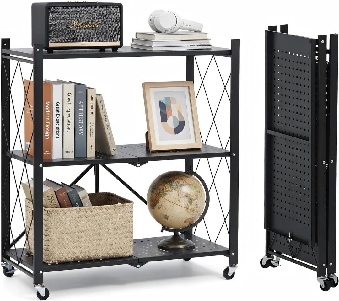 3 Tier Foldable Storage Shelves with Wheels, Metal Collapsible Organization Storage Rack, No Assembly Folding Bookshelf, Rolling Storage Rack for Kitchen, Bedroom, Pantry, Garage, Display, Black 2 Pack