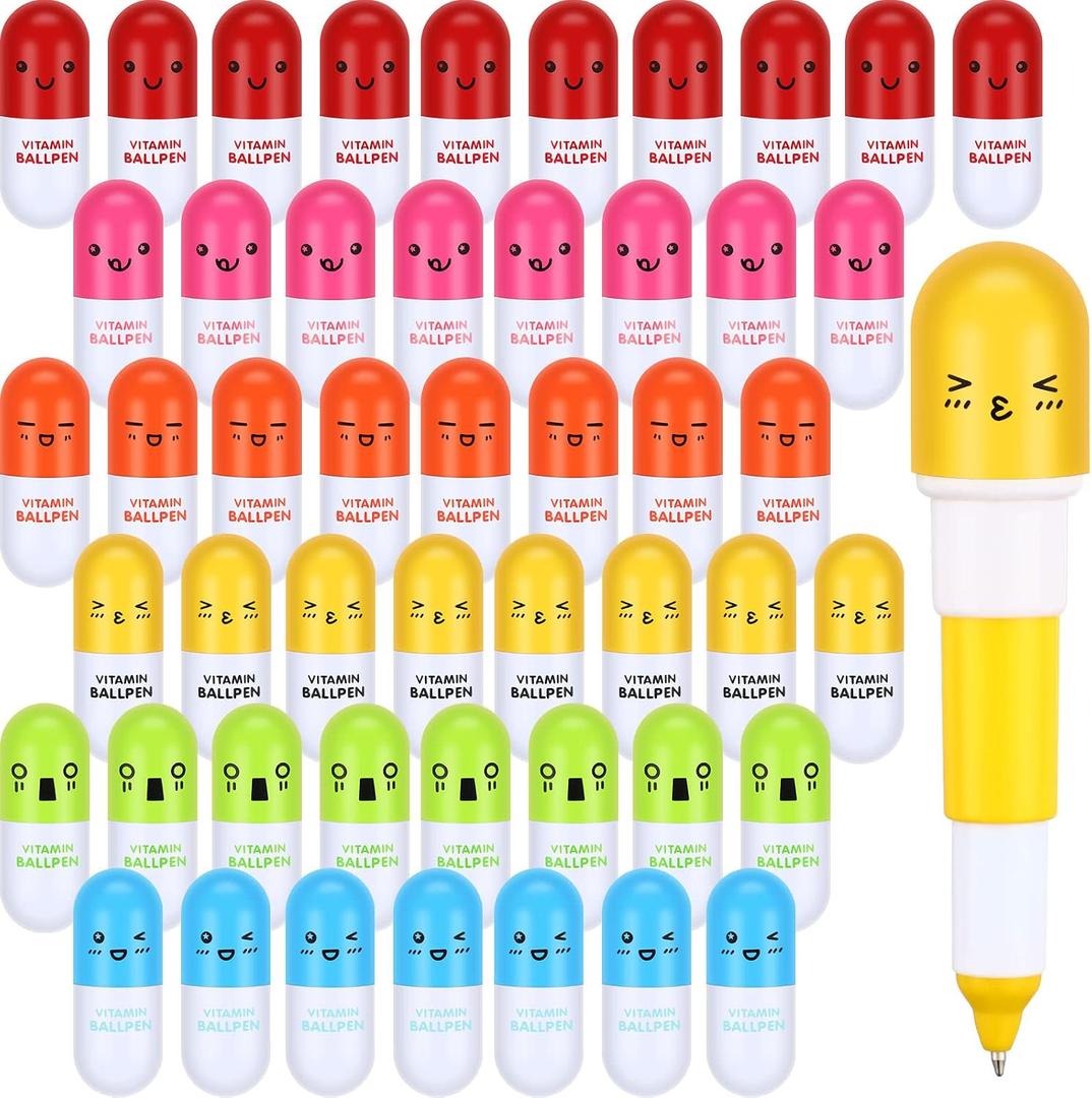 Lincia Pen Pills Bulk Pharmacy Gifts Ballpoint Pen Cute Cartoon Emotion Ball Novelty Face Retractable for Nurse Week School Doctor, 6 Colors(100 Pcs)