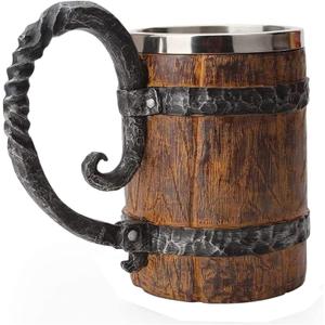 VORAGA Handmade Wooden Barrel Beer Mug, Bucket Shaped Drinkware with Handle, Stainless Steel Double Wall Cocktail Mug for Bar Restaurant, Vintage Bar Accessories (18 oz)