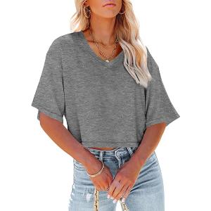 Tankaneo Womens V Neck Cropped T Shirts Casual Summer Crop Tops Half Sleeve Solid Color Crop Baisc Tees Medium