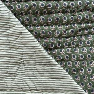 Ridhi Block Print Quilted Basil Green Reversible Throw Blanket 100% Cotton Quilt,Cover for Couch and Bed, Sage Lap Bedding Coverlet, Luxury Oversized Quilted Throw King 96" X 106"