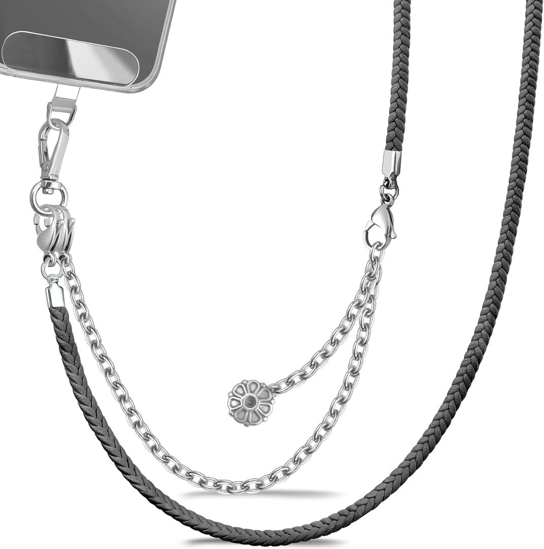 2-In-1 Cell Phone Lanyard Adjustable Crossbody Phone Chain with Detachable Phone Charms Strap For iPhone with Clear Phone Lanyard Tab (Black)