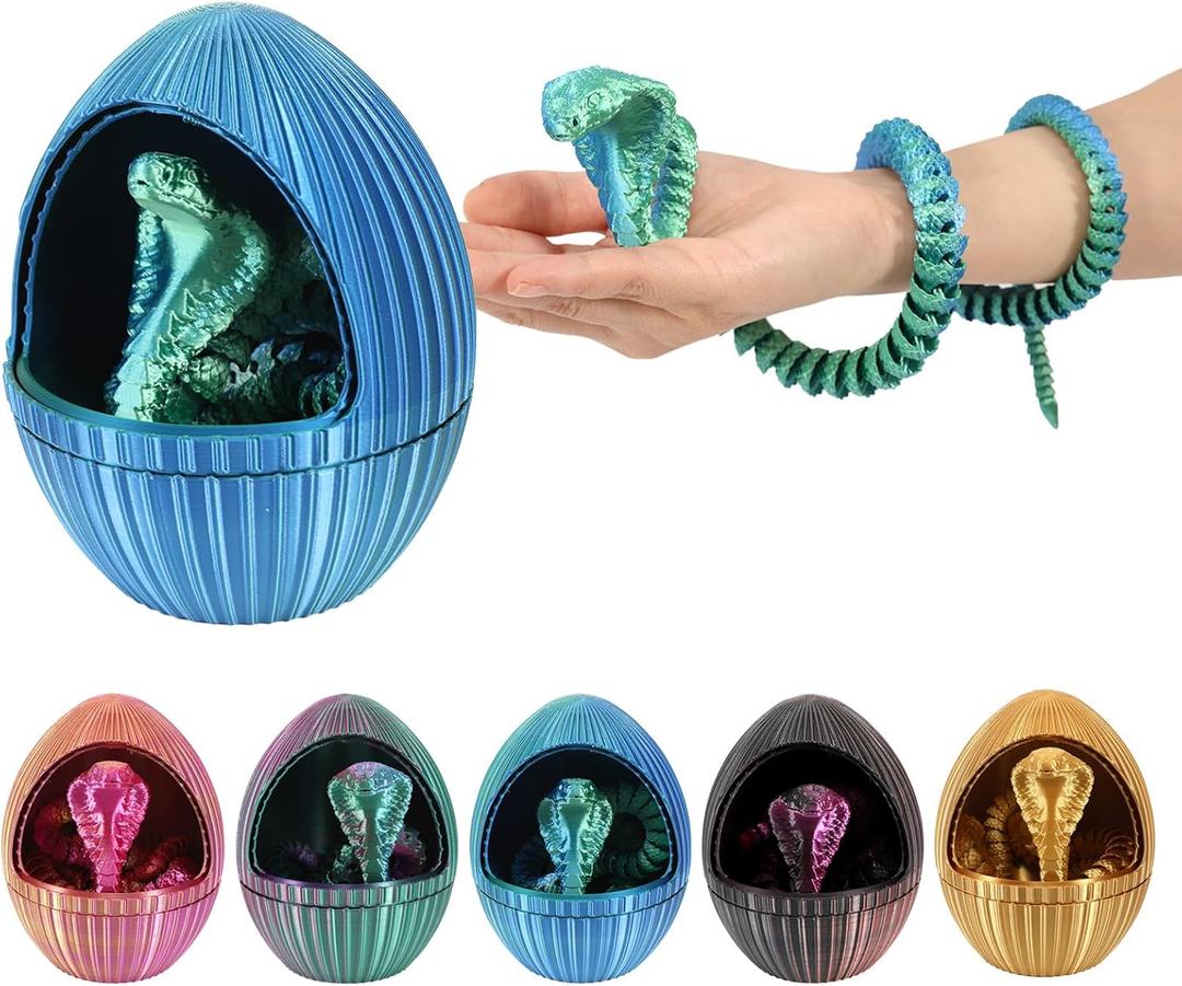 3D Printed Gear Rotary Snake Eggs, with 25'' Movable Joint Fidget Cobra Animal Model Inside, Creative Ornaments Toys for Easter Home Office Tabletop Decor (Blue Green, 5" Egg)