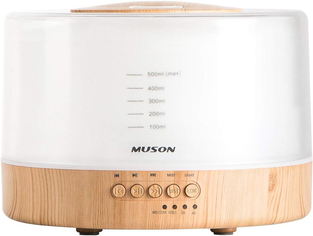 muson Essential Oil Diffuser Sound Machine Combo Diffuser for Aromatherapy Fragrant Oil Cool Mist Humidifier with Natural Sound Music & Warm Night Light, Auto Shutoff, White