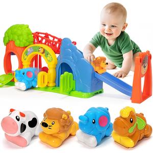BAYSING Toys for Toddler 1, 2, 3 Year Old Boy and Girl, Zoo Animal Slide Playset with 4 Animal Cars, Open-Ended Interactive Toy for Cultivate Imagination, Gifts for 12-18+ Months Kids