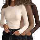 Ficerd 3 Pack Women's Ribbed Long Sleeve Tops, Crew Neck Slim Fit Undershirts Knit Basic Casual Stretch Layering Tee Shirts (Black, Khaki, Beige,XX-Large)