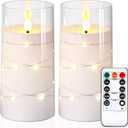 NURADA Flickering Flameless Candles: Built-in Star String Lights, Acrylic Battery Operated LED Pillar Candles with Remote and Timer for Romantic Mood Home Decoration - 2 Pack Pure White