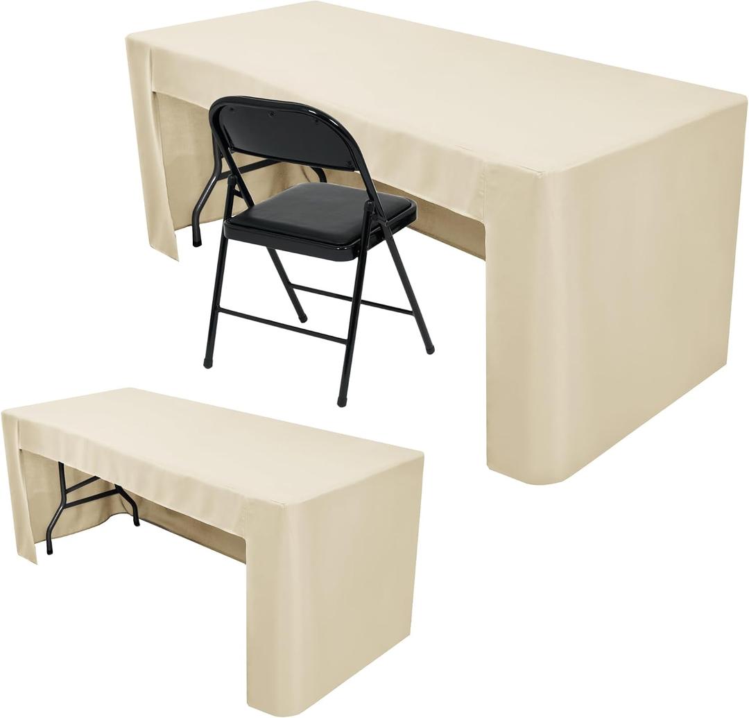 Nasitos 2 Pack Beige 6ft Table Cloth Fitted-Open Back Folding Fabric Table Cover Washable Table Cloth for Rectangular Table, Trade Show, Parties, Wedding, Banquet, Buffet, Jewelry Shows, Craft Fair