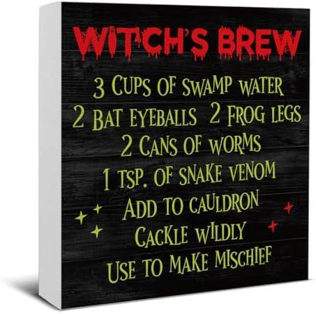 Halloween Witch's Brew Wooden Sign Decor - Kitchen Desk Block Sign for Home Table Shelf - 5 x 5 Inch.         Nitelat Fall Halloween Ghost Reading Sign,Fal Halloween Ghost Decorations for Home,Autumn Book Spooky Season Table Desk Decor Wooden Box Sig