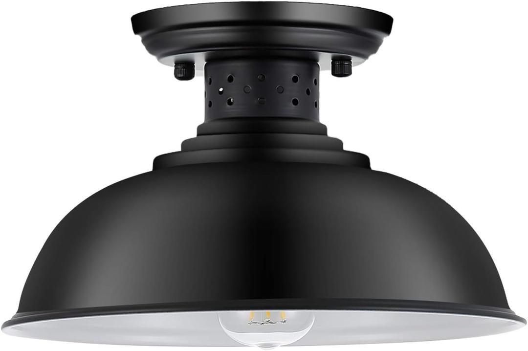 Industrial Semi Flush Mount Ceiling Light, Matte Black Farmhouse Light Fixture for Kitchen Island Dining Room Foyer Hallway Porch Barn Loft, Black, 13in