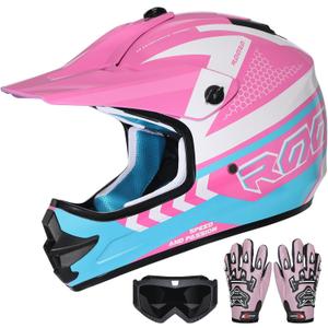 Youth Dirt Bike Helmet DOT Certified - Full Face Motorcycle Helmet for Off-Road, ATV, Street Riding, Includes Adjustable Goggles & Protective Gloves (Large, PINK)
