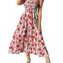 MakeMeChic Women's Summer Boho Dress Floral Print Spaghetti Strap Square Neck Shirred Maxi Dress Beach Sun Dress Floral Red Small