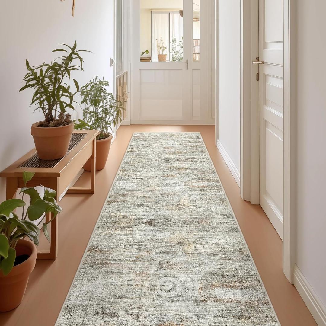 Rug Runners for Hallways Non Slip - 2x8 Runner Rug for Bedroom, Washable Runner with Rubber Backing, Soft Low-Pile Carpet for Kitchen, Laundry, Bathroom (2'x8', Grey/Rust)