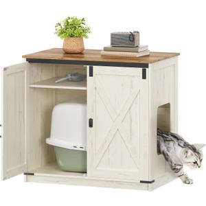 Cat Litter Box Enclosure, Hidden Litter Box Furniture Cabinet with Storage, Reversible Entrance Left or Right Side,Cat House, Farmhouse, 31.5x19.7x31.3 Inches, Rustic Brown and White CB85414X