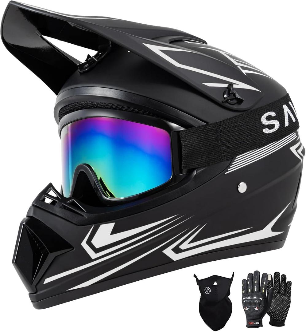 SPARK DOT Approved Youth Motocross Helmet Kids Dirt Bike Helmets - Full Face, Lightweight & Breathable for Off-Road E-Bike BMX MX ATV (with Gloves Goggles Mask) 4Pcs Set, Black Grey, Small(55-56cm)