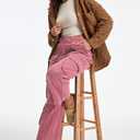 Cargo Pants for Women Low Rise Drawstring Waist 7 Pockets Hiking Work Wide Leg Pants with Zipper Button Closure (Small, Pink)