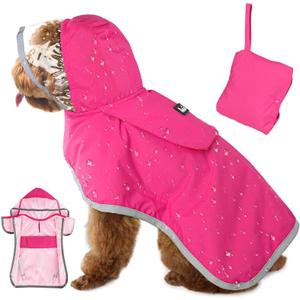 SlowTon Dog Raincoat, Adjustable Dog Rain Jacket Clear Hooded Double Layer, Waterproof Poncho with Reflective Strip Straps and Storage Pocket for Small Medium Large Dogs Puppies(FU S)