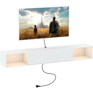 55" Floating TV Stand with LED Light, Floating TV Stand Wall Mounted, Floating Entertainment Center with Storage Long for Bedroom, Wood Floating TV Shelf for Living Room (White)