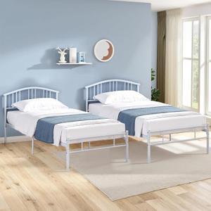 VECELO 2 Set 14 inch Twin Bed Frame White Beds Metal Platform Mattress Foundation with headboard Footboard Steel Slat Support/No Box Spring Needed/Easy Assembly