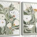 2 Pcs Boho Wildflowers Canvas Wall Art Green Bohemia Abstract Floral Botanical Painting Picture Wall Decor Poster Print Artwork for Living Room Bedroom Bathroom Home Decoration