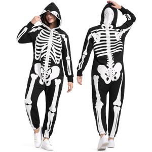 Halloween Skeleton Costume for Women Adult Cozy Hoodie Skeleton Onesie Jumpsuit Outfit Front and Back Print Party (X-Small)