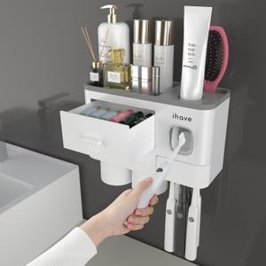 iHave Toothbrush Holders for Bathrooms, 2 Cups Toothbrush Holder Wall Mounted with Toothpaste Dispenser - Large Capacity Tray, Cosmetic Drawer - Bathroom Decor & Bathroom Accessories (White)