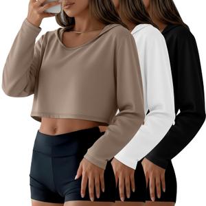 3 Pack Women's Cropped Hoodies Long Sleeve Lightweight Hooded Shirts U Neck Crop Tops Basic Casual Pullover (Black, White, Khaki) Large
