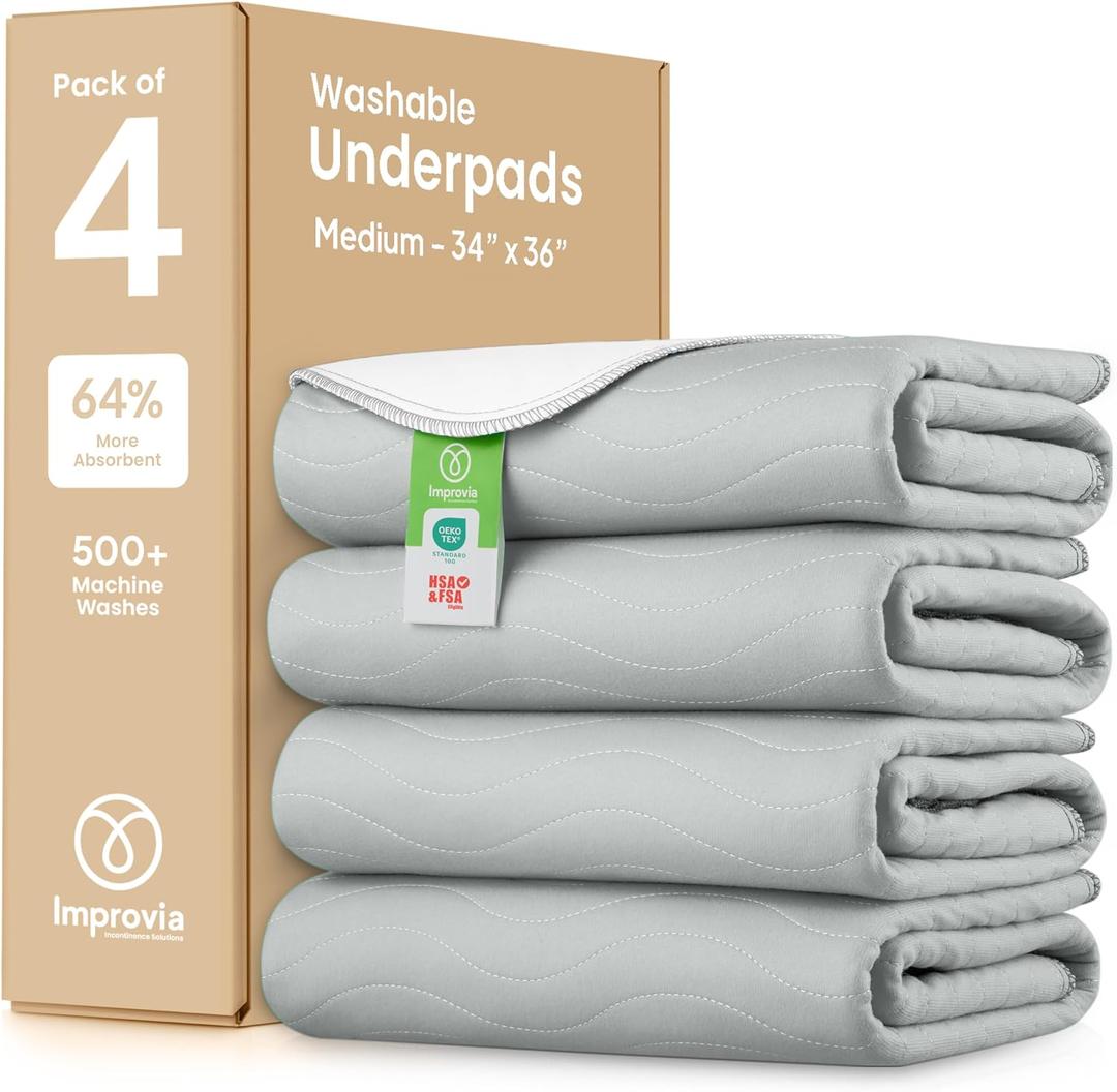 IMPROVIA Washable Underpads, Heavy Absorbency Reusable Incontinence Pads for Kids, Adults, Elderly, and Pets, Waterproof Protection Floor (Gray, 34"x36" (Pack of 4))