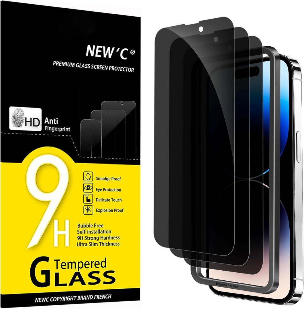 NEW'C 3 Pack Privacy for iPhone 14 Pro Screen Protector (6.1 inches), Anti-Spy Tempered Glass Film,Case Friendly Ultra Resistant, Balanced 28-Degree Privacy Angle - Easy installation tool included
