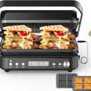 CATTLEMAN Panini Grill Press Sandwich Maker with Removable Plates, 1600W, 6 in 1 Waffle Maker & Electric Indoor Grill with Meat Thermometer, PFAS Free Ceramic Nonstick Reversible Plates, Opens Flat